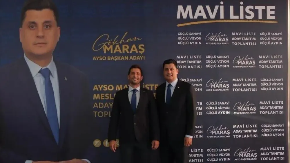 Ata Caner Çerçioğlu (solda) ve AYSO Başkanı Gökhan Maraş, mavi liste aday tanıtım toplantısında bir araya geldi